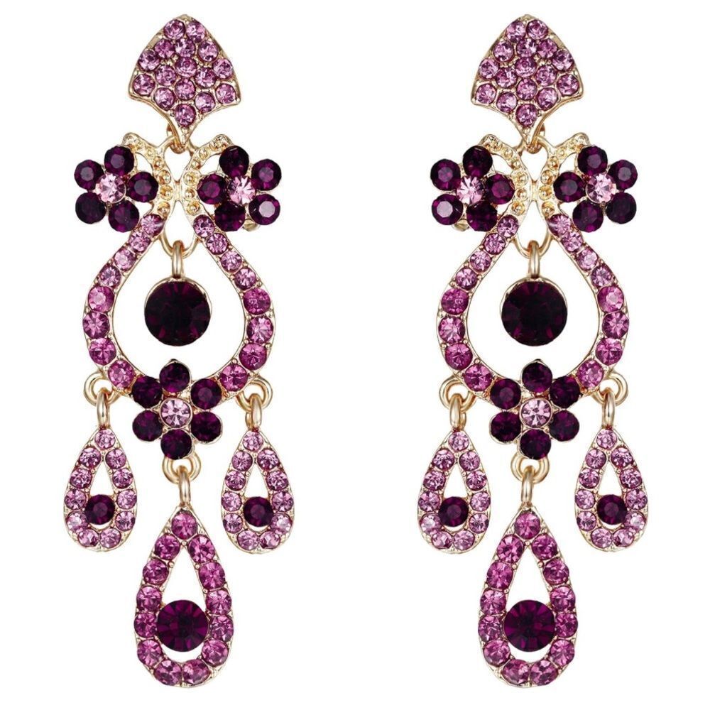 Yellow Gold and Purple Amethyst Austrian Crystal Flower Vase Chandelier Earrings